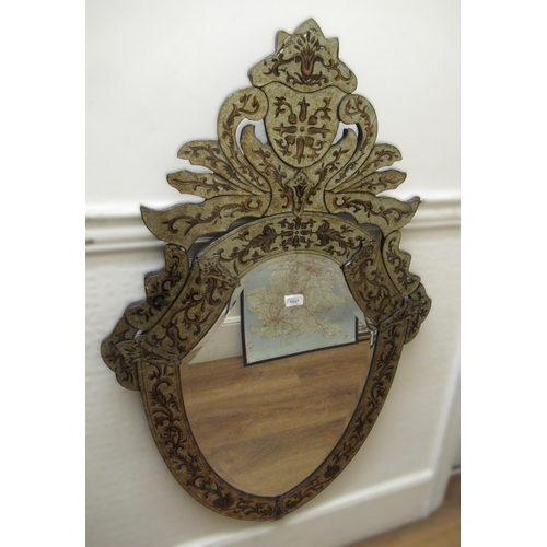 1537 - Reproduction Venetian style shield shaped wall mirror with shaped surmount and reverse painted C-scr... 