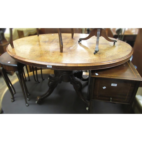 1538 - Victorian oval walnut inlaid tilt top pedestal centre table on cabriole supports with castors, 130 x... 