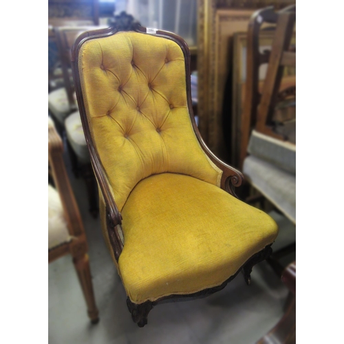 1582 - Victorian rosewood and yellow button upholstered low seat nursing chair on cabriole supports