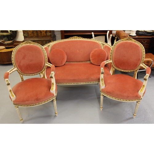 1586 - Early to mid 20th Century French cream painted and parcel gilt three piece drawing room suite compri... 