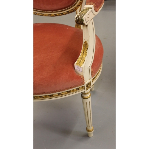 1586 - Early to mid 20th Century French cream painted and parcel gilt three piece drawing room suite compri... 