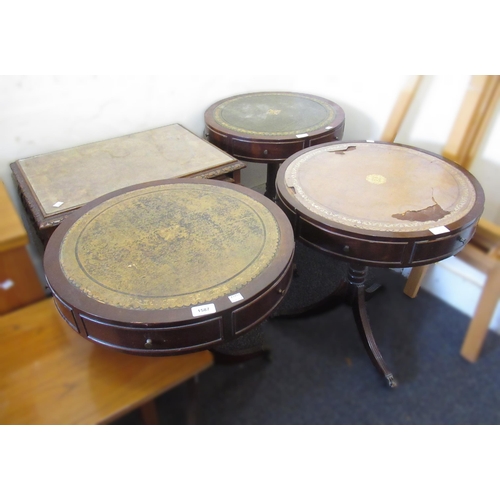 1587 - Group of three reproduction mahogany circular drum form occasional tables with leather inset tops (o... 