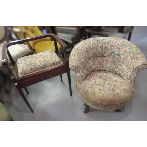 1661 - Edwardian mahogany and boxwood line inlaid boxseat piano stool, together with a small Victorian flor... 