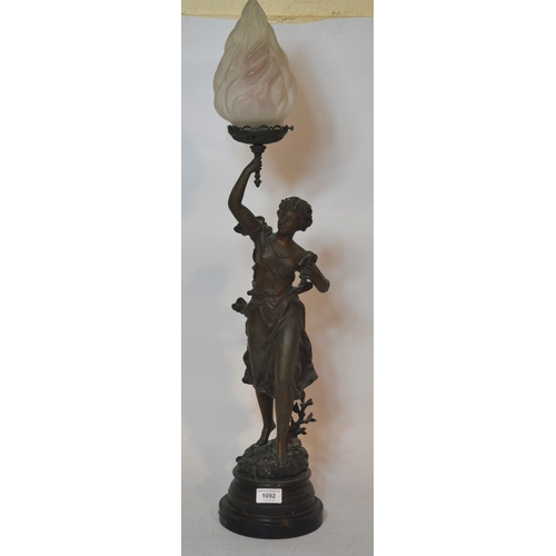 1092 - 19th Century spelter figural table lamp with glass torch shade