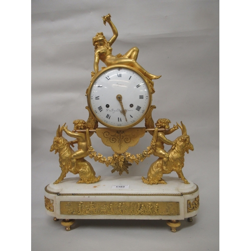 1103 - Fine French ormolu and marble mantel clock by Lepine, the drum form case with convex enamel dial and... 