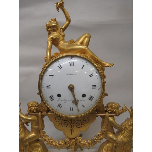 1103 - Fine French ormolu and marble mantel clock by Lepine, the drum form case with convex enamel dial and... 