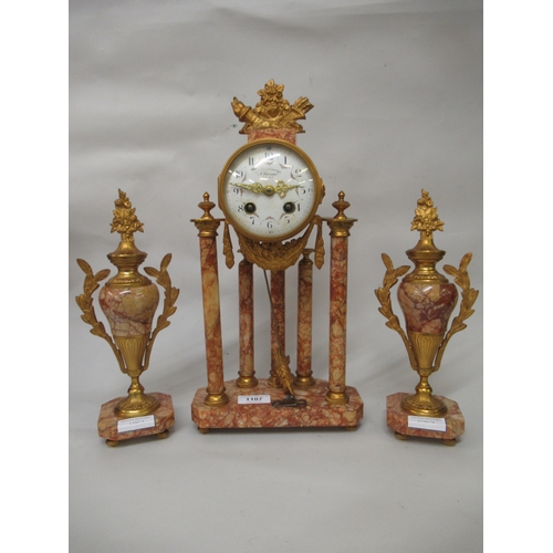 1107 - French rouge marble and ormolu mounted three piece clock garniture having circular enamel dial with ... 