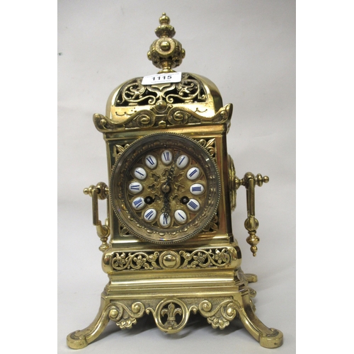 1115 - Late 19th French gilt brass mantel clock, the pierced dome shaped case with a baluster finial surmou... 