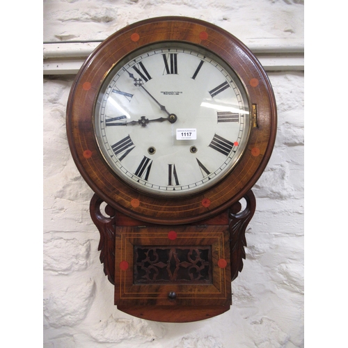 1117 - Victorian walnut and marquetry inlaid drop-dial wall clock, the enamel dial with Roman numerals, ins... 