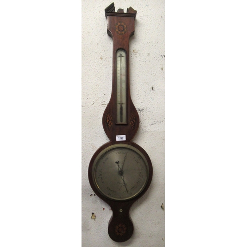 1120 - 19th Century mahogany inlaid wheel barometer thermometer (at fault)