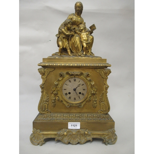 1121 - 19th Century French ormolu two train mantel clock, surmounted with a figure of a mother and children... 