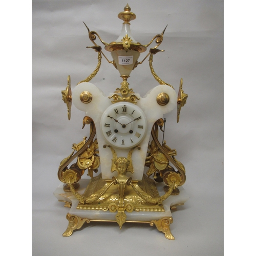 1127 - 19th Century French marble and ormolu mounted mantel clock, decorated with mask heads and musical in... 