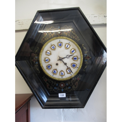 1129 - French ebonised and buhl inlaid hexagonal wall clock, the circular marbled dial with gilt and enamel... 