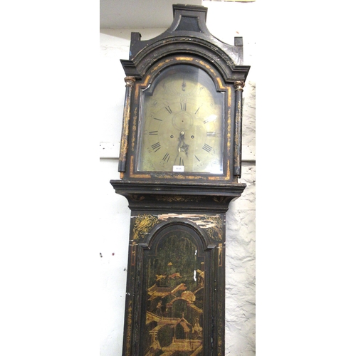 1135 - 18th Century Chinoiserie lacquer longcase clock, the broken arch hood above an arched panel door and... 