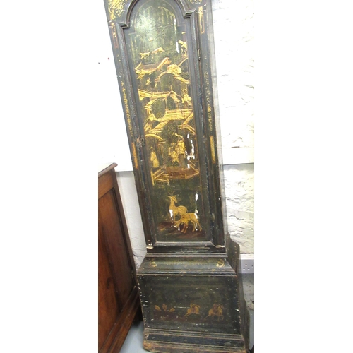 1135 - 18th Century Chinoiserie lacquer longcase clock, the broken arch hood above an arched panel door and... 