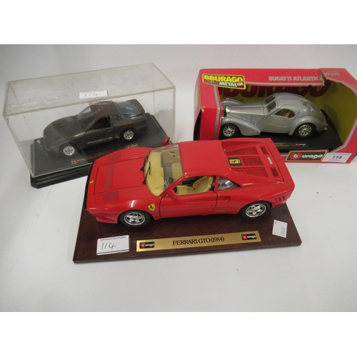 114 - Burago Bugatti Atlantic 1936 1:24 scale model in box, Burago Ferrari GTO, unboxed, on stand and anot... 