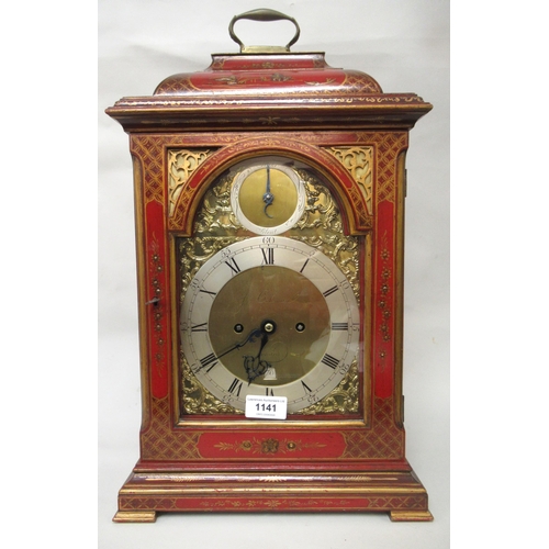 1141 - Scarlet chinoiserie lacquer bracket clock, the pagoda case enclosing an arched dial, the silvered ch... 