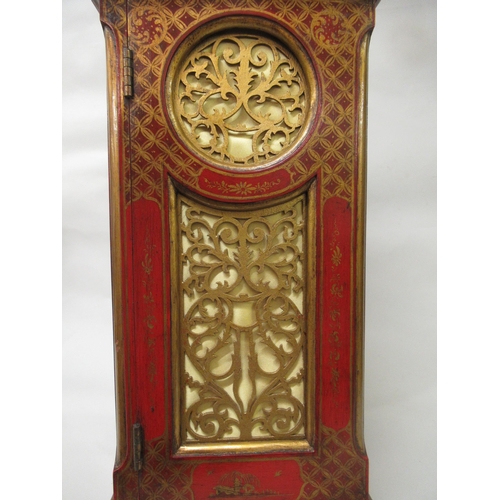 1141 - Scarlet chinoiserie lacquer bracket clock, the pagoda case enclosing an arched dial, the silvered ch... 