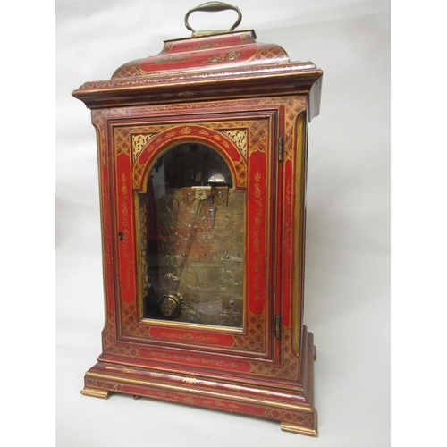 1141 - Scarlet chinoiserie lacquer bracket clock, the pagoda case enclosing an arched dial, the silvered ch... 