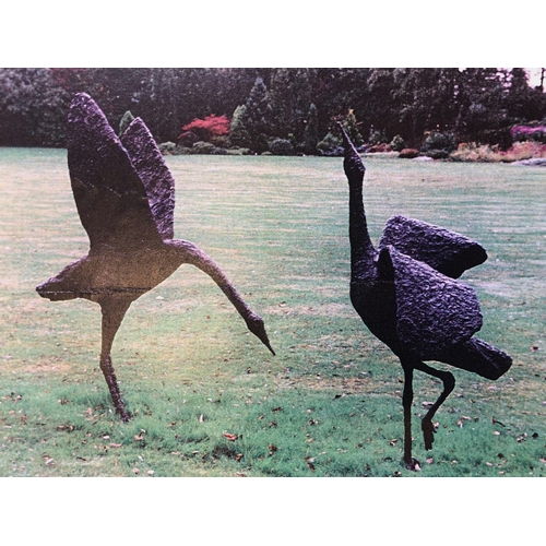 1144 - Gail Runyon Perry, pair of large bronzed resin garden sculptures ' Courting Cranes ', 158cm high exc... 