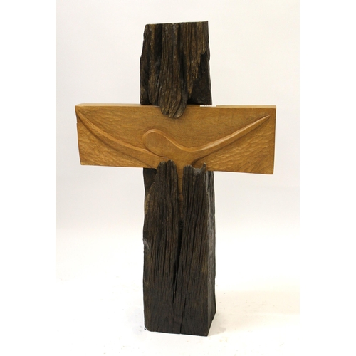 1165 - Martin Cundell, carved hardwood sculpture, ' Crucifixion ', 78cm high x 48.5cm wide (with original r... 