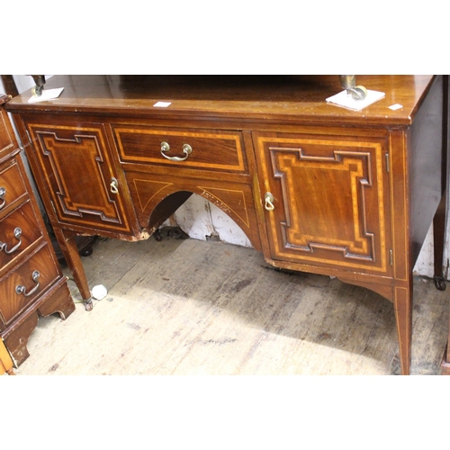 1174 - Edwardian mahogany and satinwood crossbanded kneehole dressing table (at fault), 112cm wide