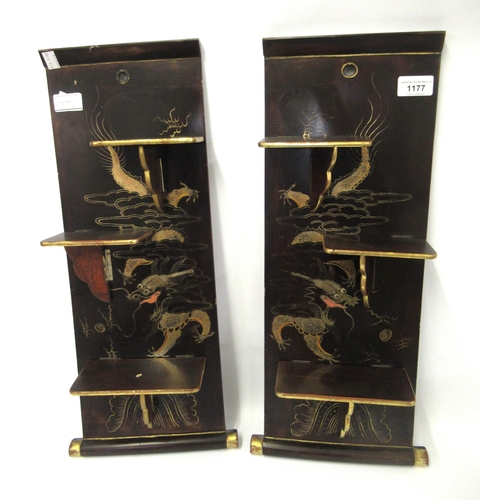 1177 - Pair of late 19th / early 20th Century Japanese lacquered three shelf folding wall brackets gilt dec... 