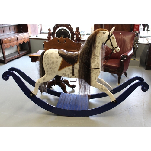 1180 - Large modern dapple grey rocking horse on blue stand (for restoration), 90cm high to saddle x 210cm ... 