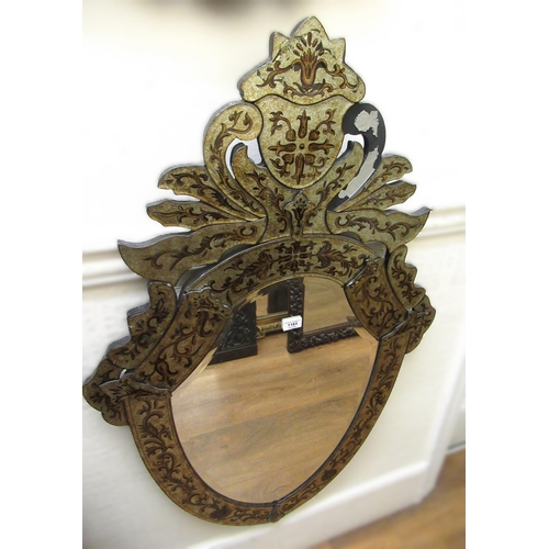 1183 - Reproduction Venetian style shield shaped wall mirror with shaped surmount and reverse painted C-scr... 