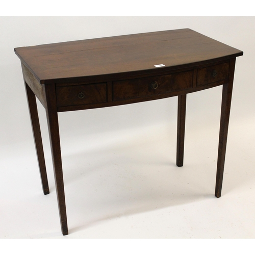 1201 - George III mahogany and black line inlaid bow front side table with three frieze drawers, raised on ... 