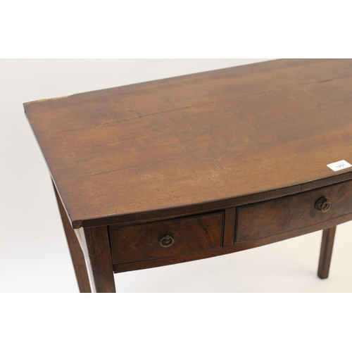 1201 - George III mahogany and black line inlaid bow front side table with three frieze drawers, raised on ... 