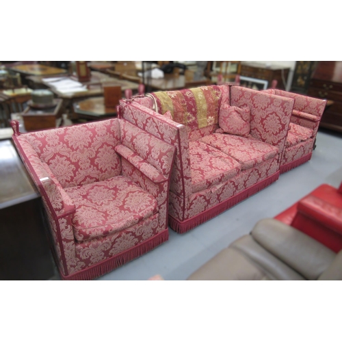 1205 - Knole type three piece sitting room suite covered in a red damask fabric