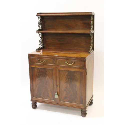 1211 - Small George IV mahogany chiffonier with a two tier shelf back supported by ormolu uprights above a ... 