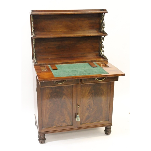 1211 - Small George IV mahogany chiffonier with a two tier shelf back supported by ormolu uprights above a ... 