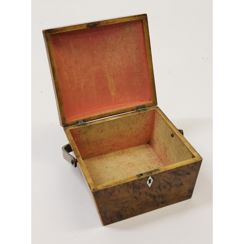 1212 - Regency burr yew and inlaid sewing box, the dome lid and swing handle enclosing a void interior (Ivo... 