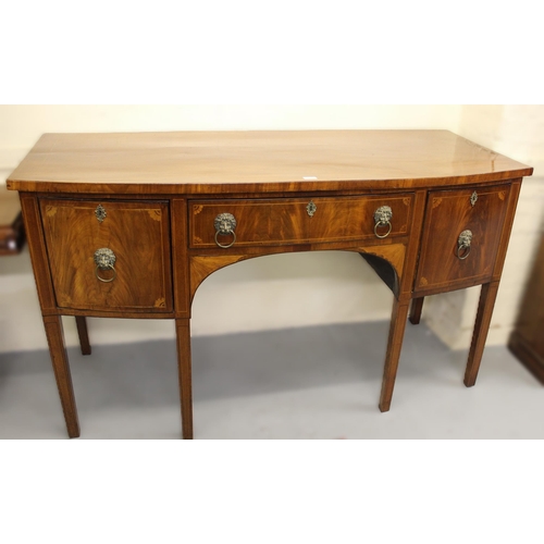 1220 - George III mahogany and line inlaid bow front sideboard, the centre drawer flanked by a cellarette d... 