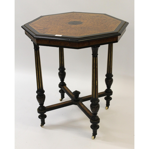 1221 - Edwards & Roberts amboyna ebonised and gilt metal mounted octagonal occasional table, on tapering fl... 