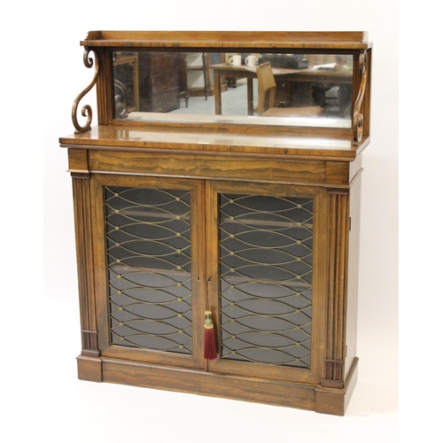 1227 - Good Regency rosewood chiffonier, the low mirrored back with scroll supports above a pair of brass g... 