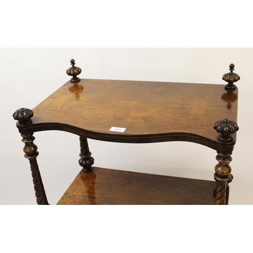 1233 - Victorian rosewood three tier whatnot on spiral turned supports with a single drawer, 58cm wide