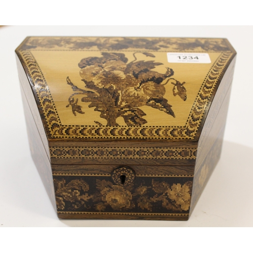 1234 - 19th Century Tunbridge ware stationery box, the hinged shaped cover with floral inlays, 21cm wide