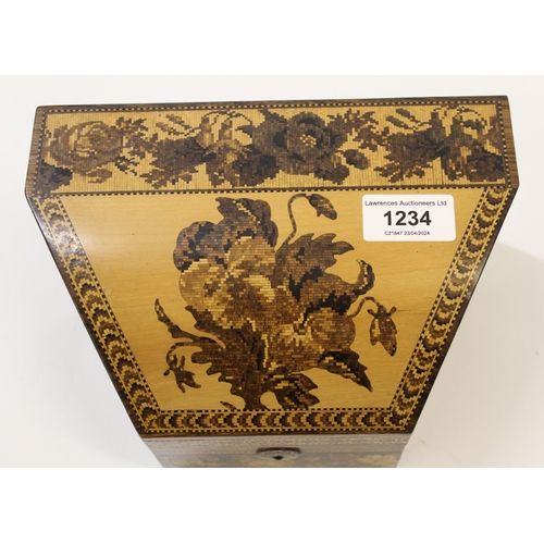 1234 - 19th Century Tunbridge ware stationery box, the hinged shaped cover with floral inlays, 21cm wide