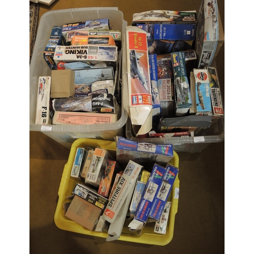 140 - Seven boxes containing a large quantity of various model aircraft kits including Airfix, Frog, Revel... 