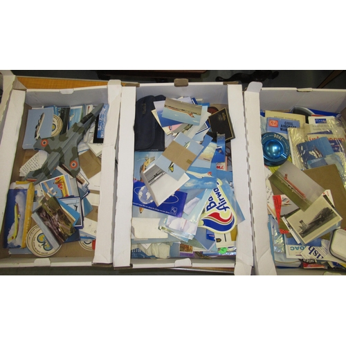 141 - Three boxes containing a large collection of various airline and aviation memorabilia including card... 