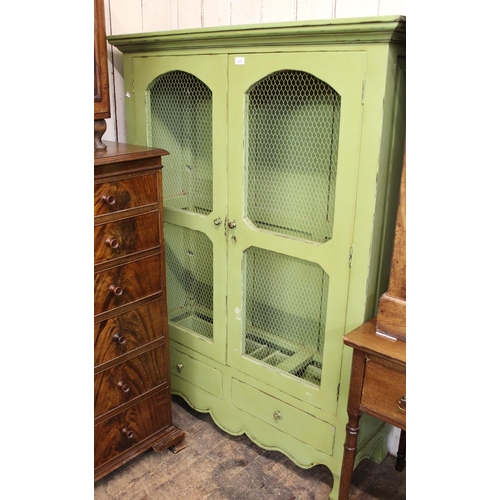 Late 20th Century two door kitchen cabinet, with green painted finish and wire mesh doors above two drawers, 161cm high x 120cm wide x 40cm deep