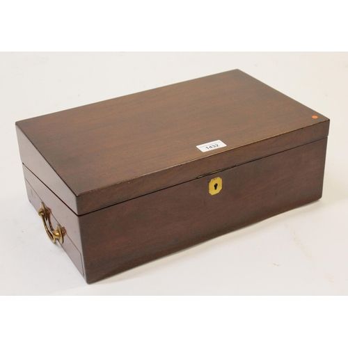 19th Century rectangular mahogany fold-over writing box, with fitted interior and side drawer