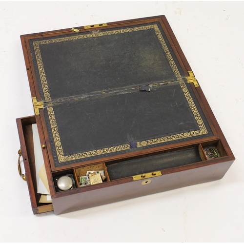 1432 - 19th Century rectangular mahogany fold-over writing box, with fitted interior and side drawer