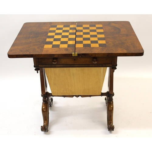 1439 - Victorian figured walnut games / work table, the swivel top inlaid with a chess board above a fitted... 