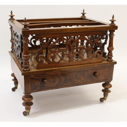 1445 - Victorian figured walnut three division Canterbury, with fretwork sides and drawer to base