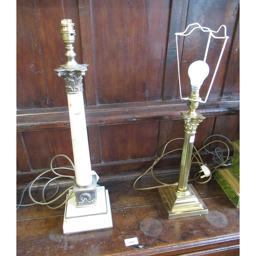 1449 - Composite marble and metal Corinthian column table lamp, together with a brass Corinthian column tab... 