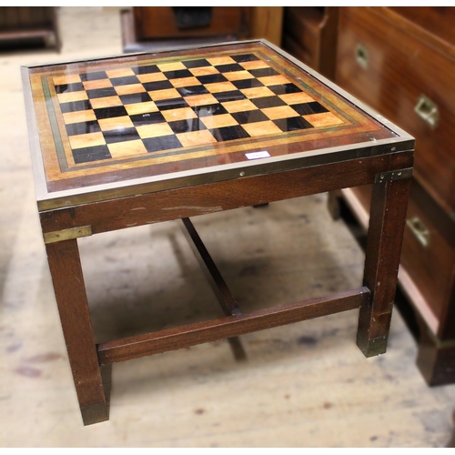 1453 - Reproduction mahogany brass mounted coffee / games table, together with a mahogany rectangular stool... 